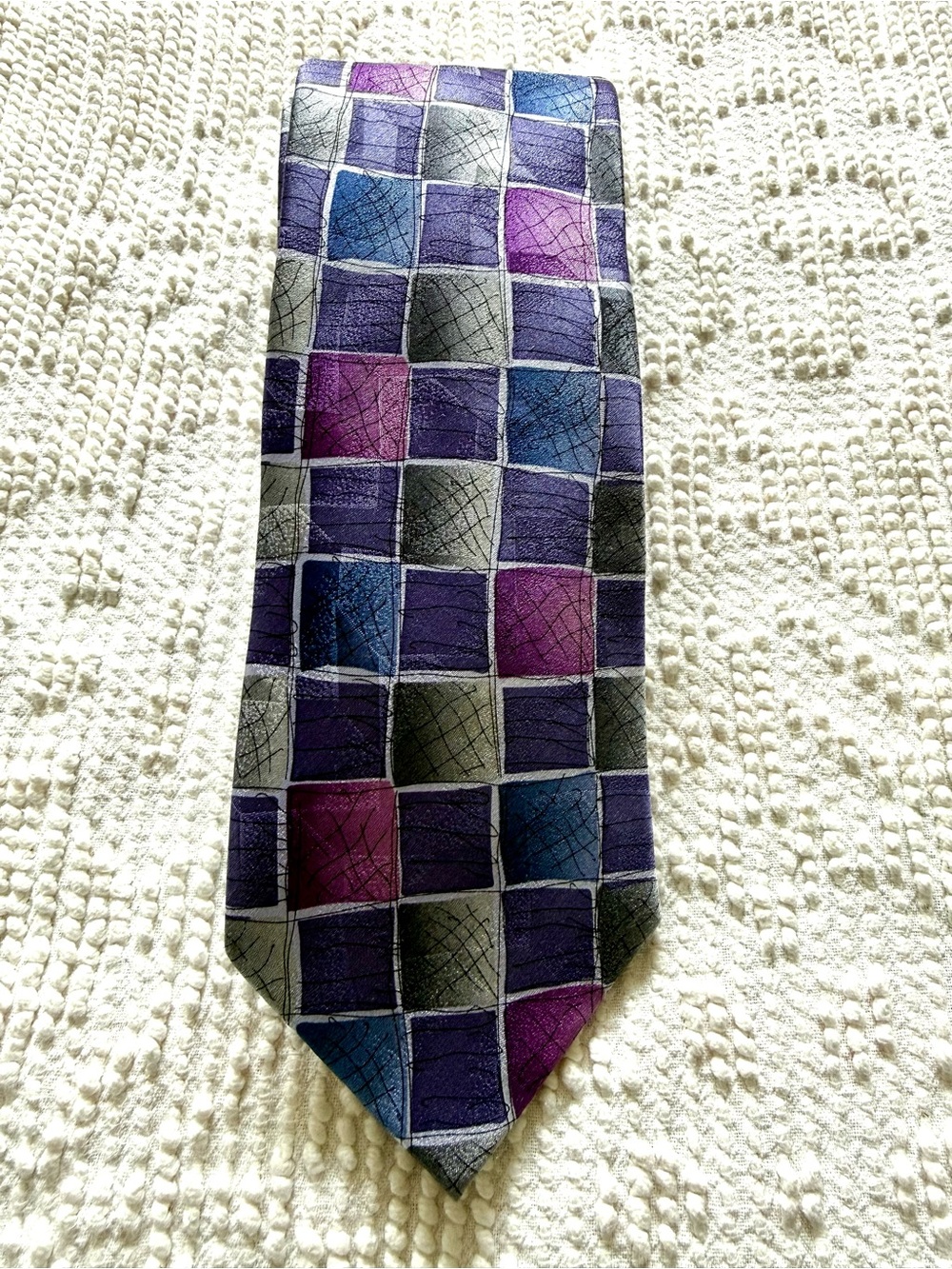 Men’s Necktie J.Garcia Purple, Blue and Gray Checkered Silk Tie